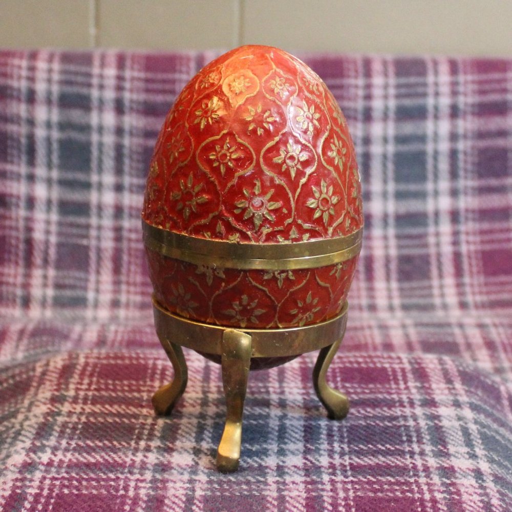 Vintage Brass Red Enamel Egg With Stand